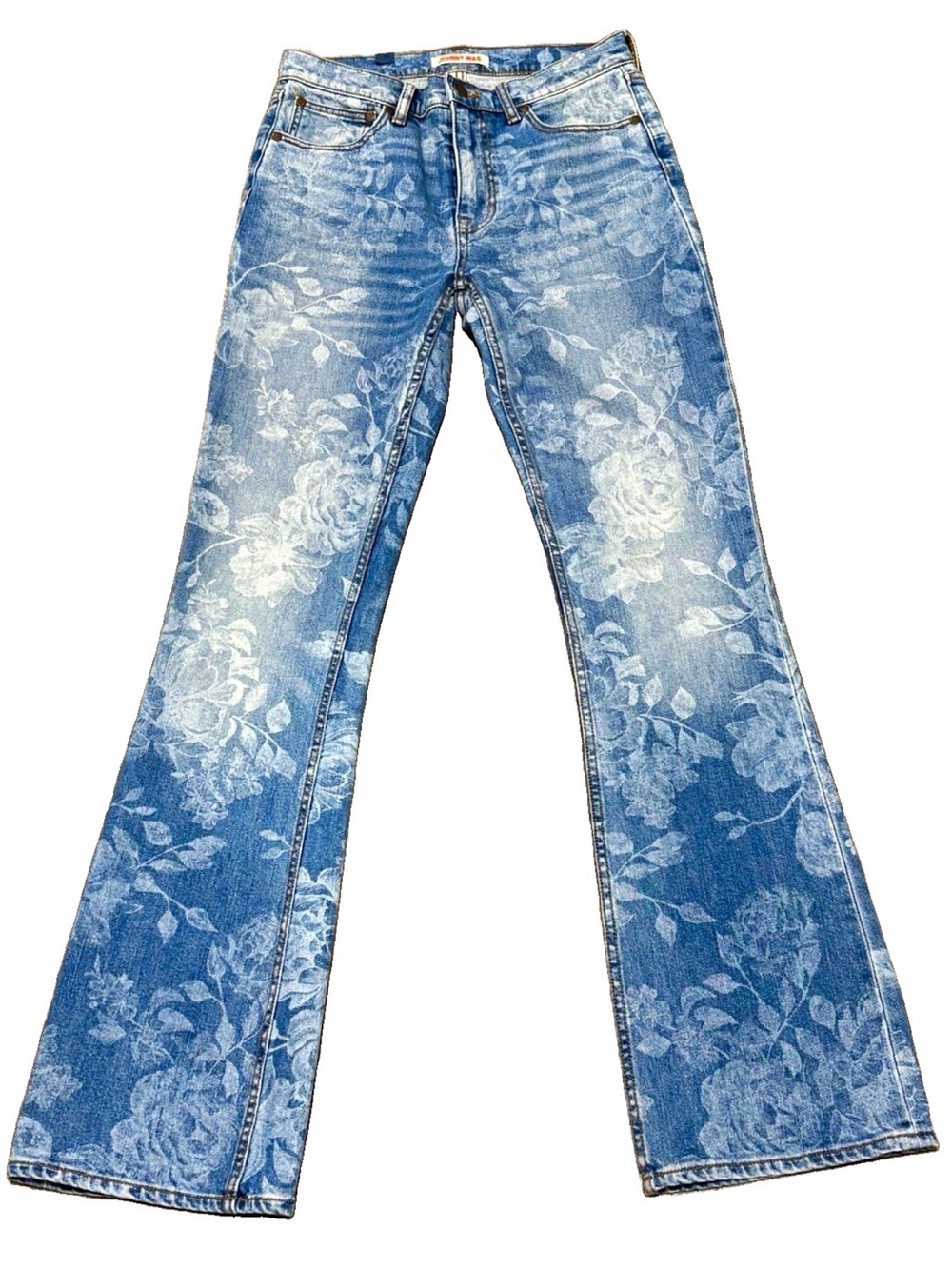 NWT Johnny Was Laser Printed Floral Flare Jeans Size 26 Bootcut Boho Medium Wash